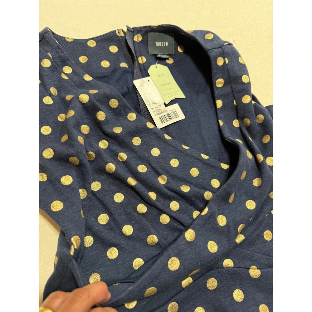 Maeve Polka Dot Dress Womens Medium Navy Gold Sleeveless Pockets Fit Flare Retro - Picture 5 of 11